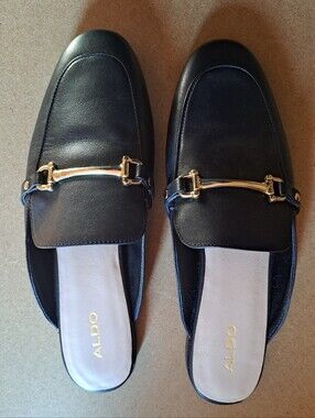 ALDO Black Leather Loafer Mules Gold Hardware | Size 9 - Runs Small